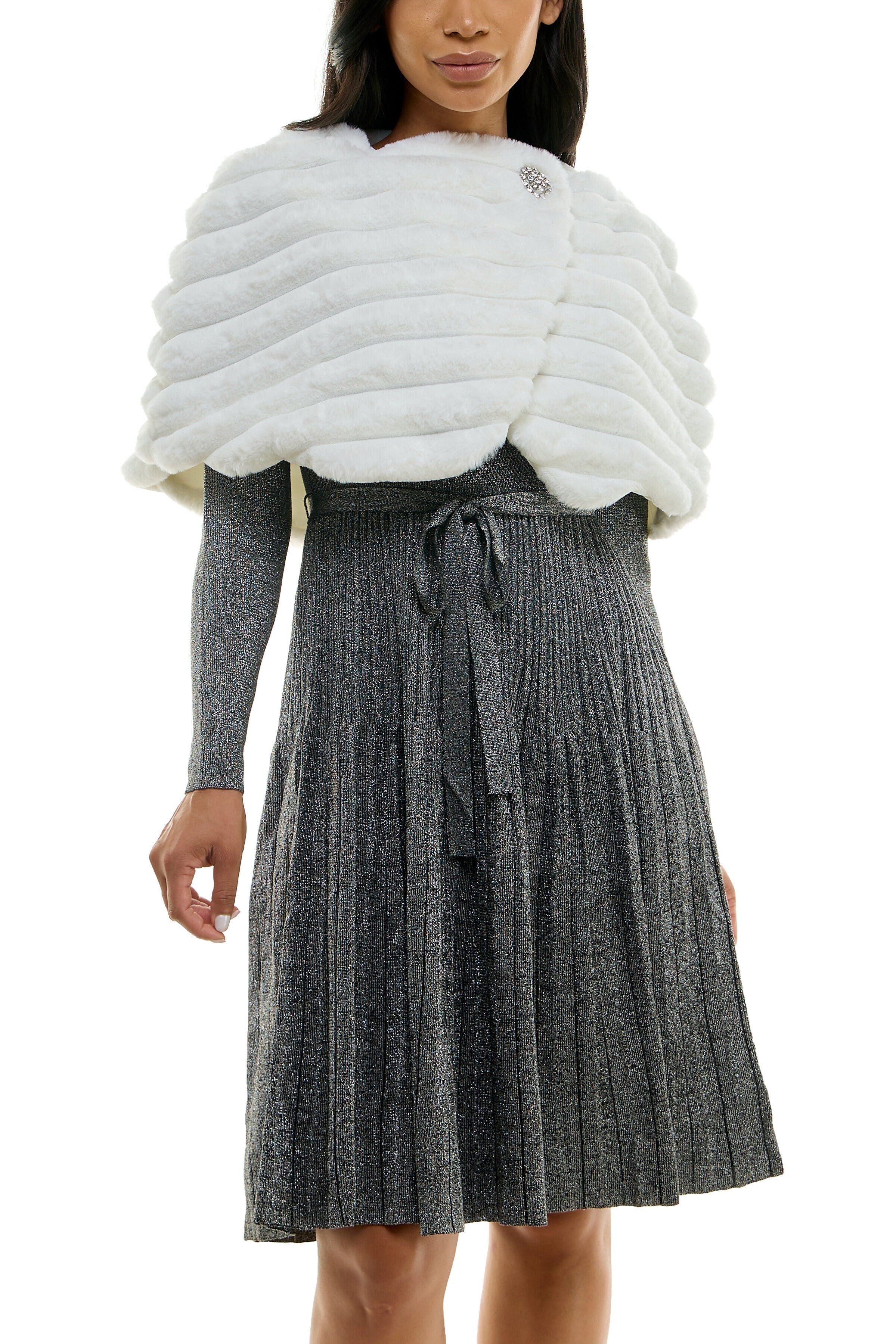 Nina Leonard Wrap Over Faux Fur Capelet and Crystal Closure-1