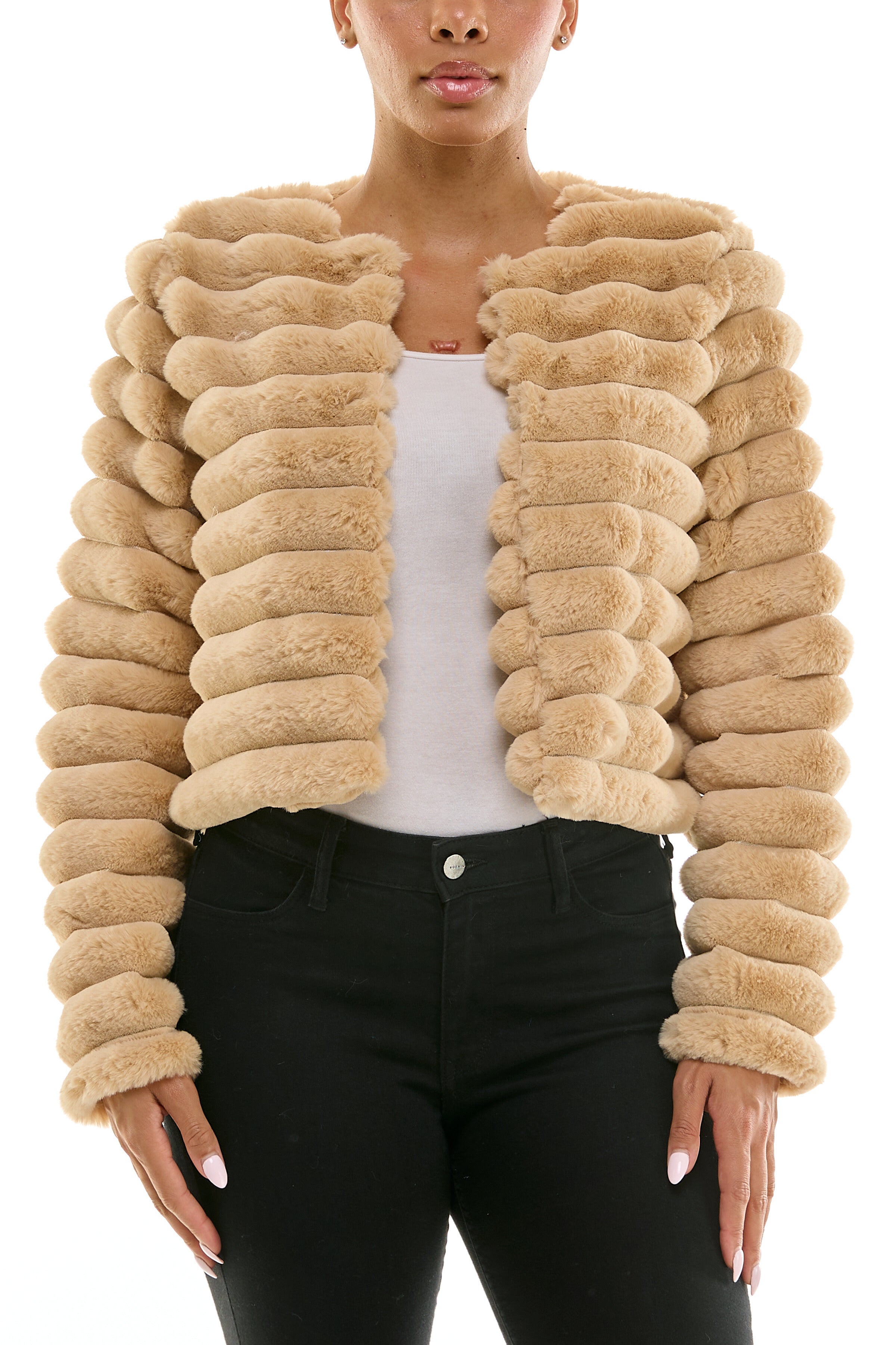 Nina Leonard Round Neckline Long Sleeves Ribbed Channeled Texture Faux Fur Cropped Coat Jacket