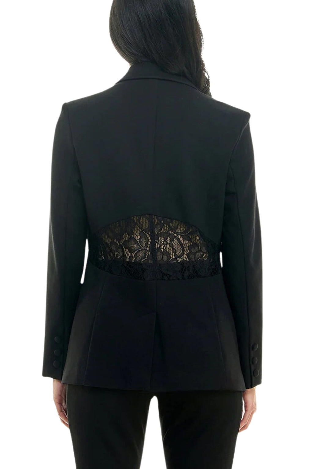 Nicole Miller Peak Lapel Two Button Blazer with Front Pocket Flaps and Lace Detail on Back