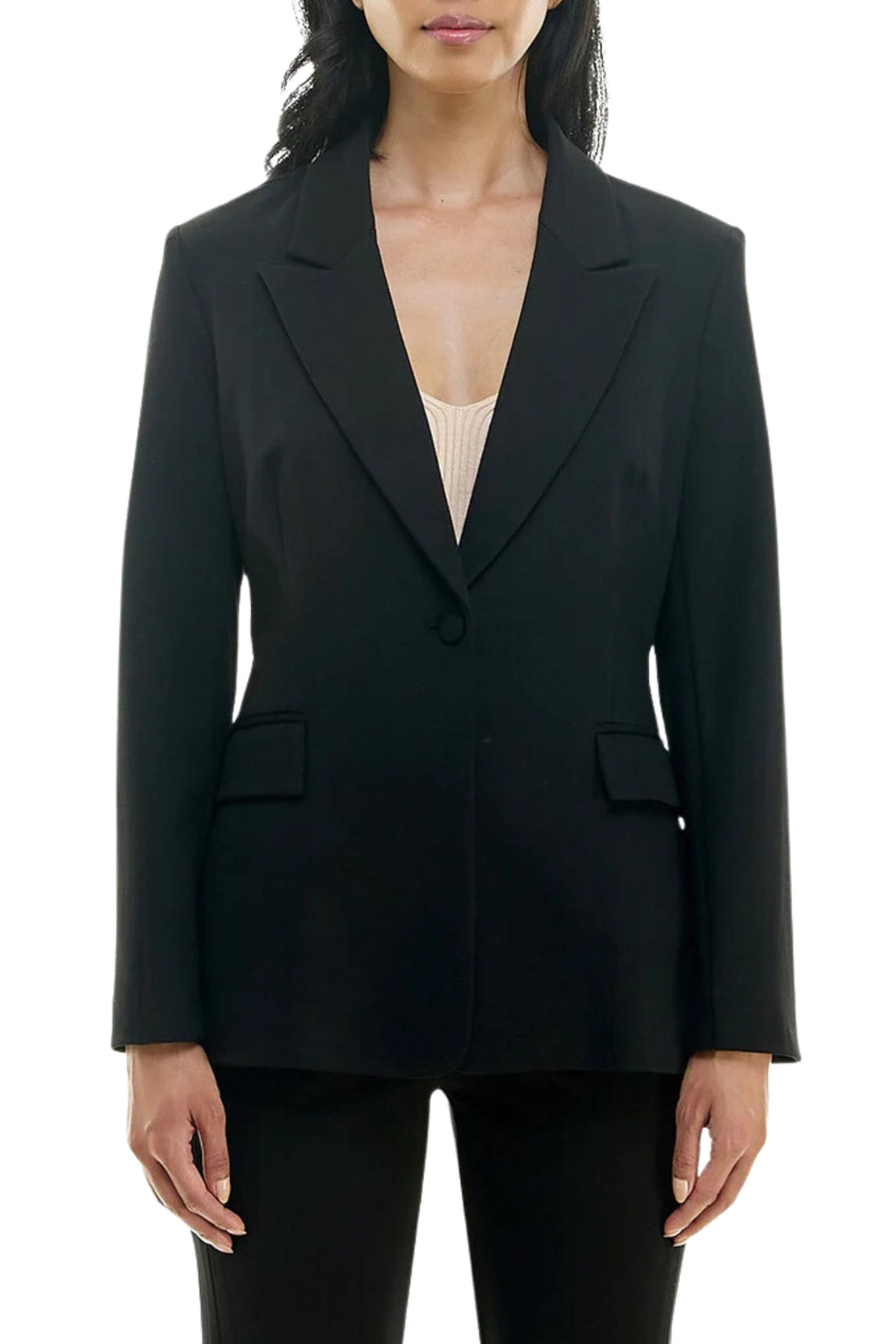 Nicole Miller Peak Lapel Two Button Blazer with Front Pocket Flaps and Lace Detail on Back