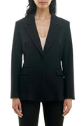 Nicole Miller Peak Lapel Two Button Blazer with Front Pocket Flaps and Lace Detail on Back