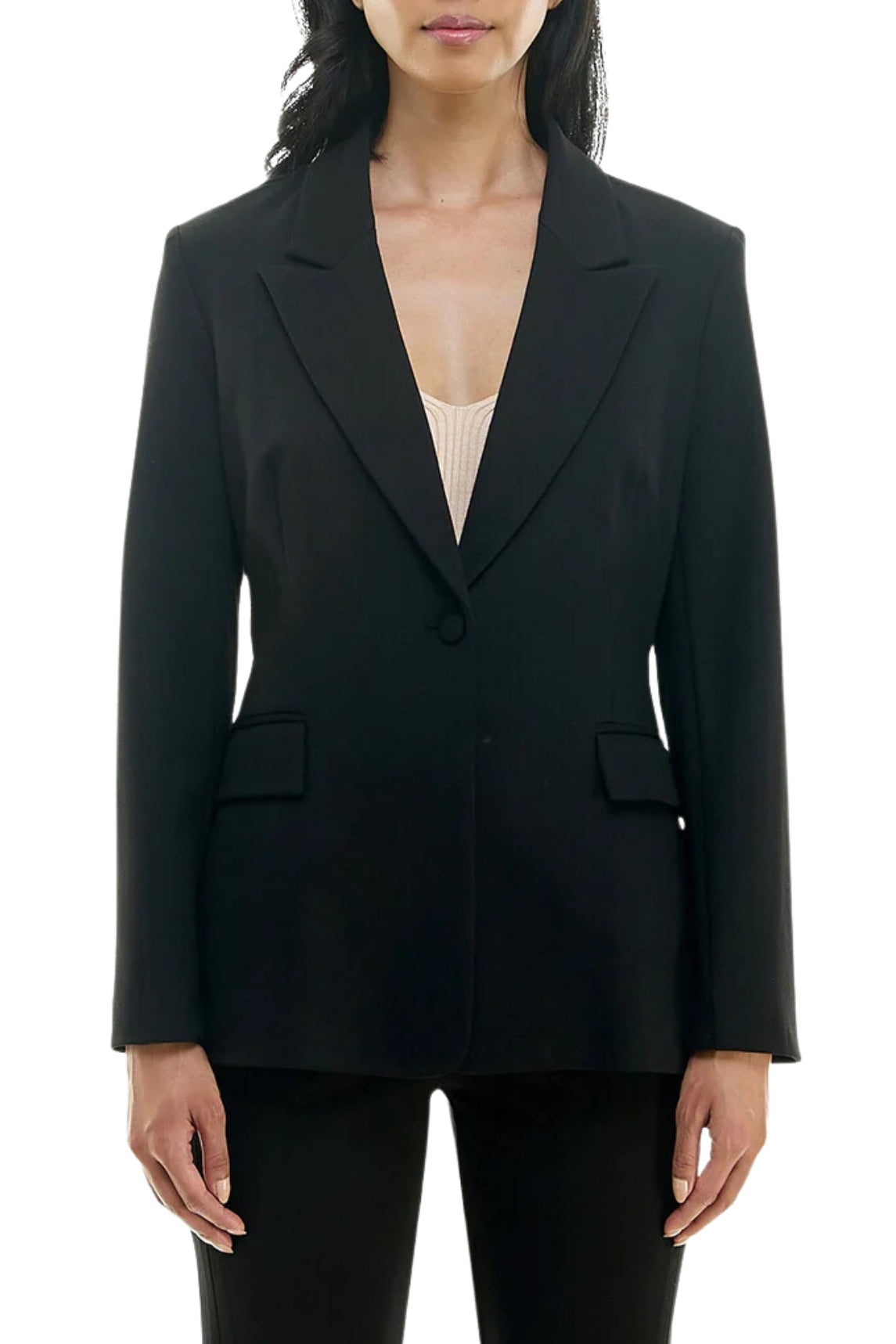 Nicole Miller Peak Lapel Two Button Blazer with Front Pocket Flaps and Lace Detail on Back