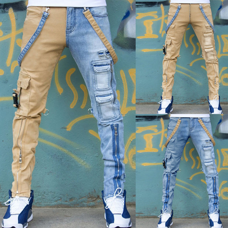 Men's Color Block Wash Jeans Trendy Brand Slim Straight-leg Pants - Diamond Lanes Clothing