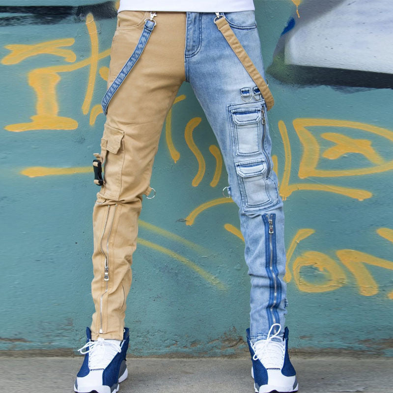 Men's Color Block Wash Jeans Trendy Brand Slim Straight-leg Pants - Diamond Lanes Clothing