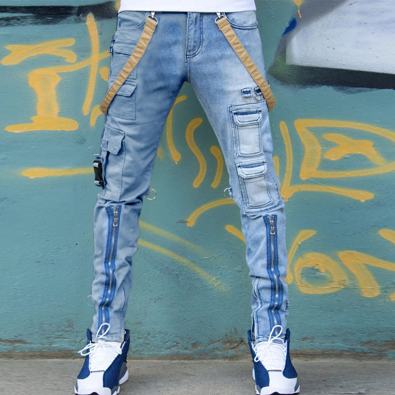 Men's Color Block Wash Jeans Trendy Brand Slim Straight-leg Pants - Diamond Lanes Clothing